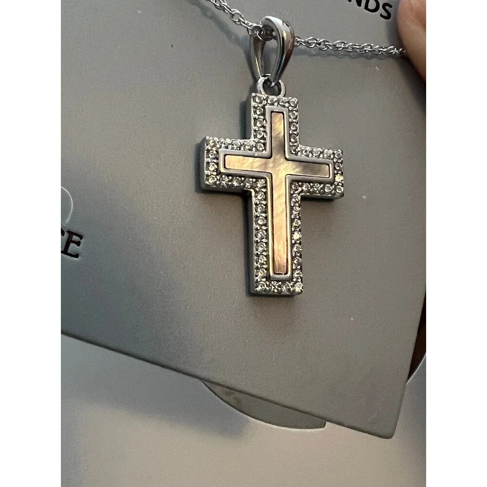 Sterling silver 925 cross pendant with mother of pearl, simulated diamonds NEW